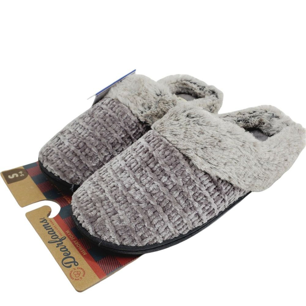 Dearfoams Womens Slippers Gray Knit Faux Fur Clog Sz S (5-6) Soft Memory Foam